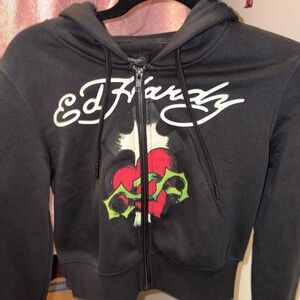 Ed Hardy Black Zip Hoodie with Red & Green Heart Graphic